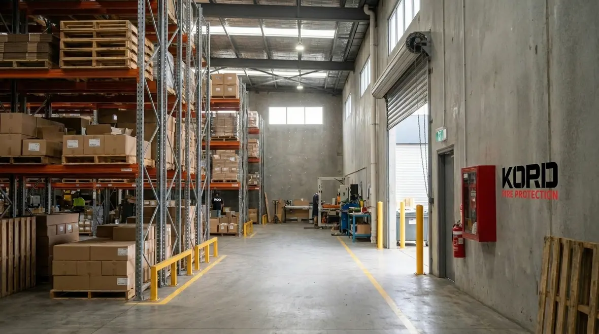 warehouse fire extinguisher mounted near industrial aisle